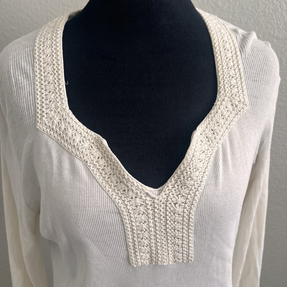 Prana Women's Large Ivory Top Blouse Crochet Bell Sleeve Boho Ribbed - Picture 2 of 10
